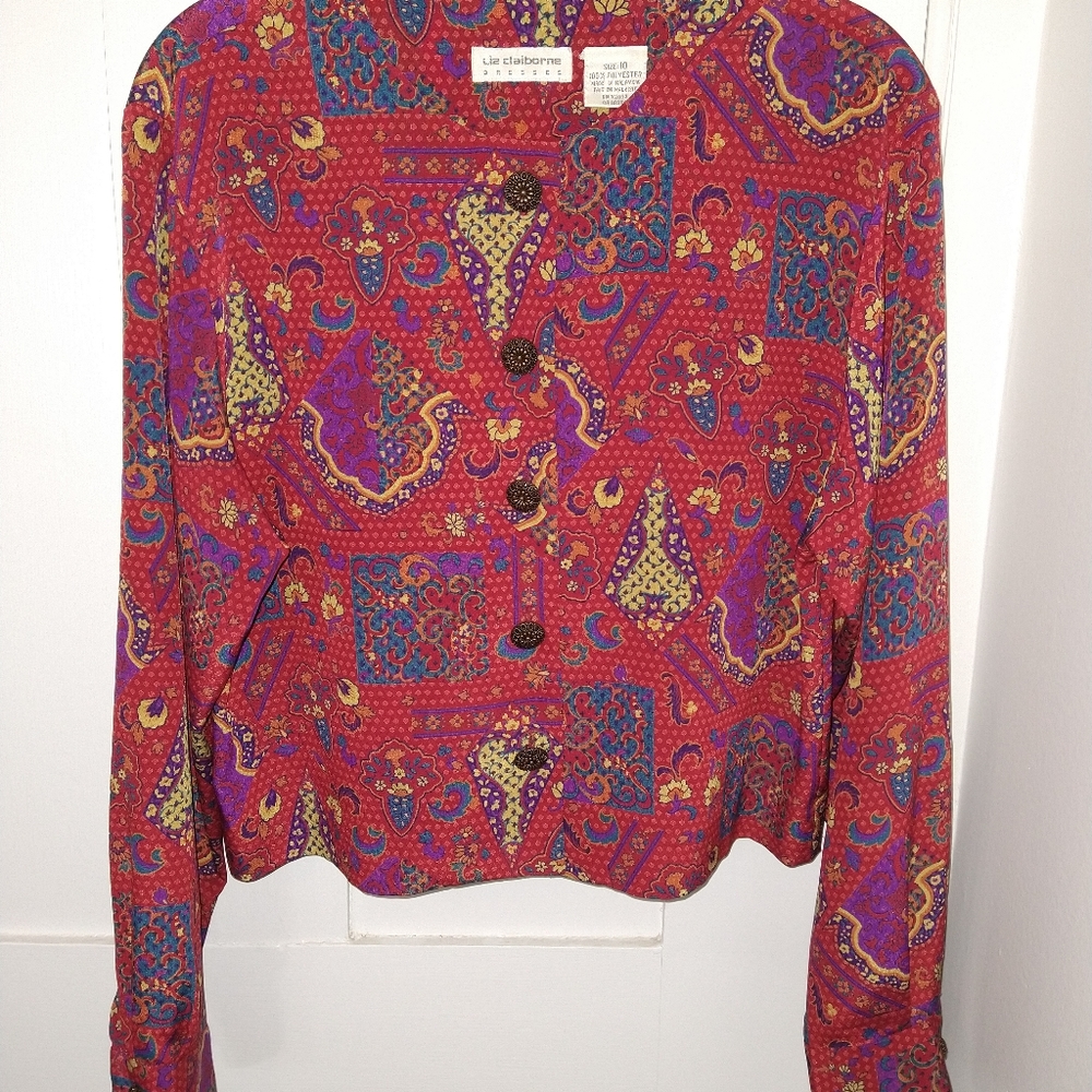 Liz Claiborne VNTG Decorative Button Down Red Print Blouse Size 10